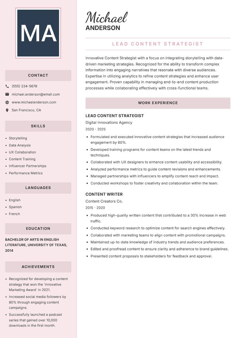 Content Strategist resume sample — Lead Content Strategist focus
