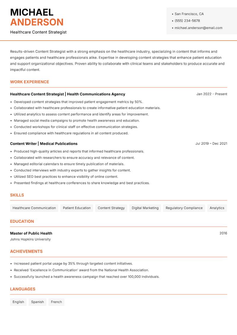 Content Strategist resume sample — Healthcare Content Strategist focus