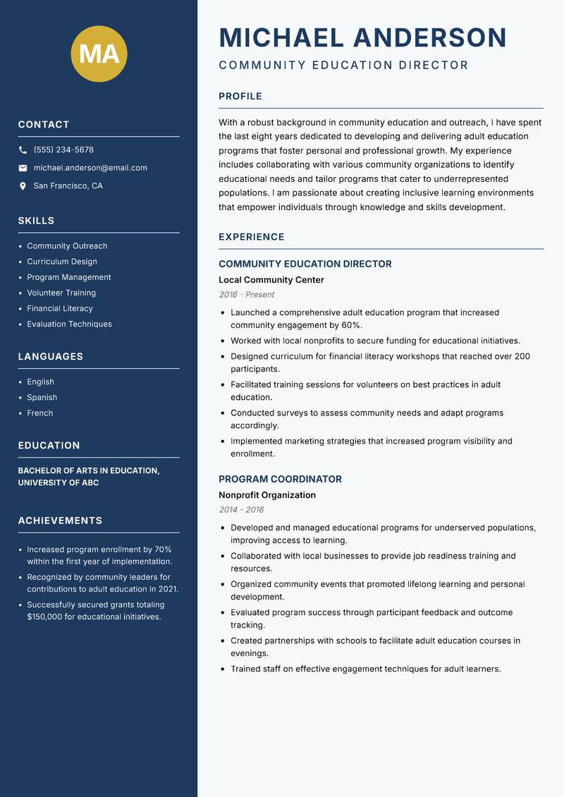 Continuing Education Educator resume sample — Community Education Director focus