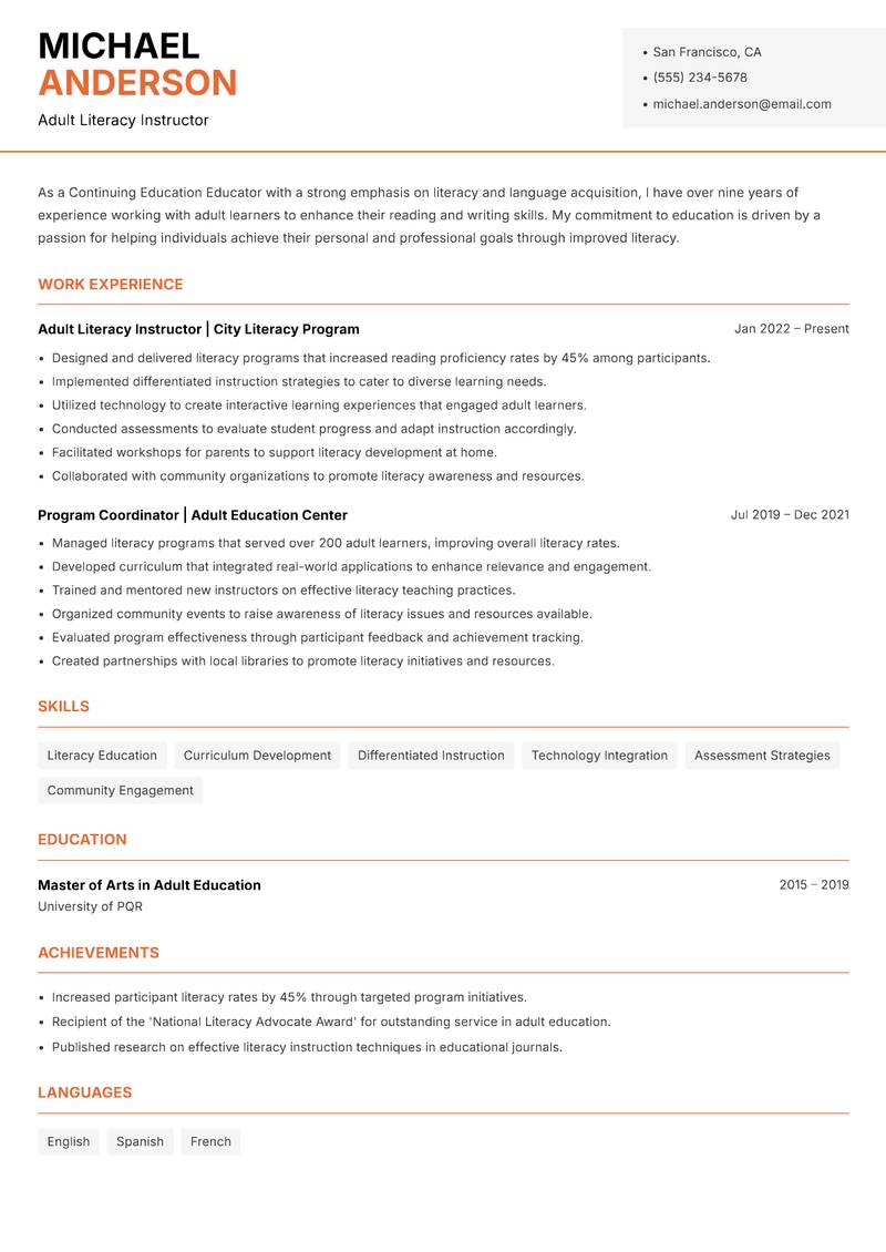 Continuing Education Educator resume sample — Adult Literacy Instructor focus