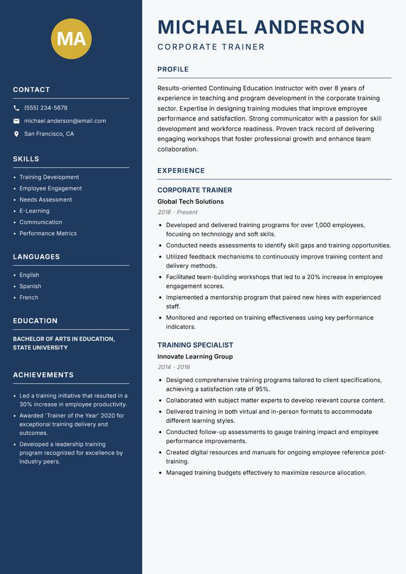 Continuing Education Instructor resume sample — Corporate Trainer focus