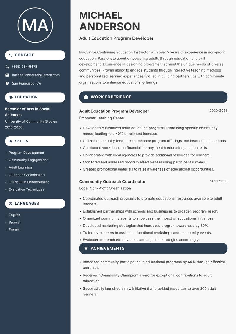 Continuing Education Instructor resume sample — Adult Education Program Developer focus