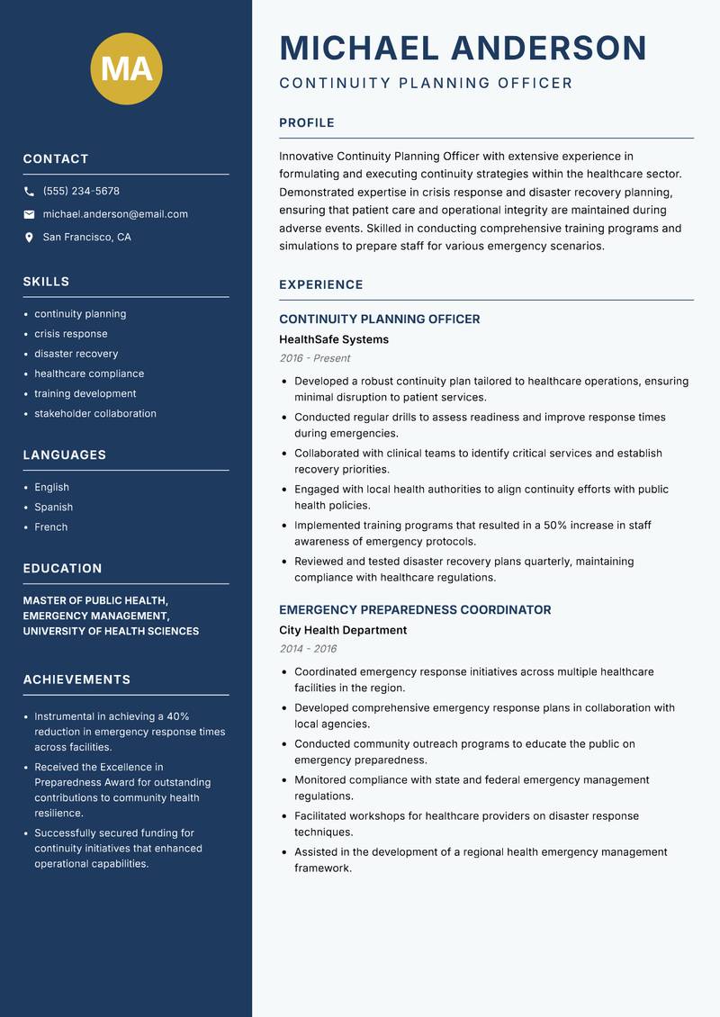 Continuity Planning Officer resume sample — Continuity Planning Officer focus