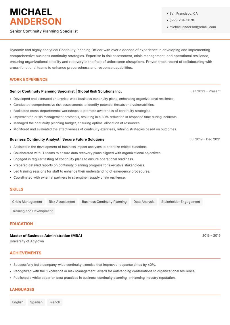 Continuity Planning Officer resume sample — Senior Continuity Planning Specialist focus