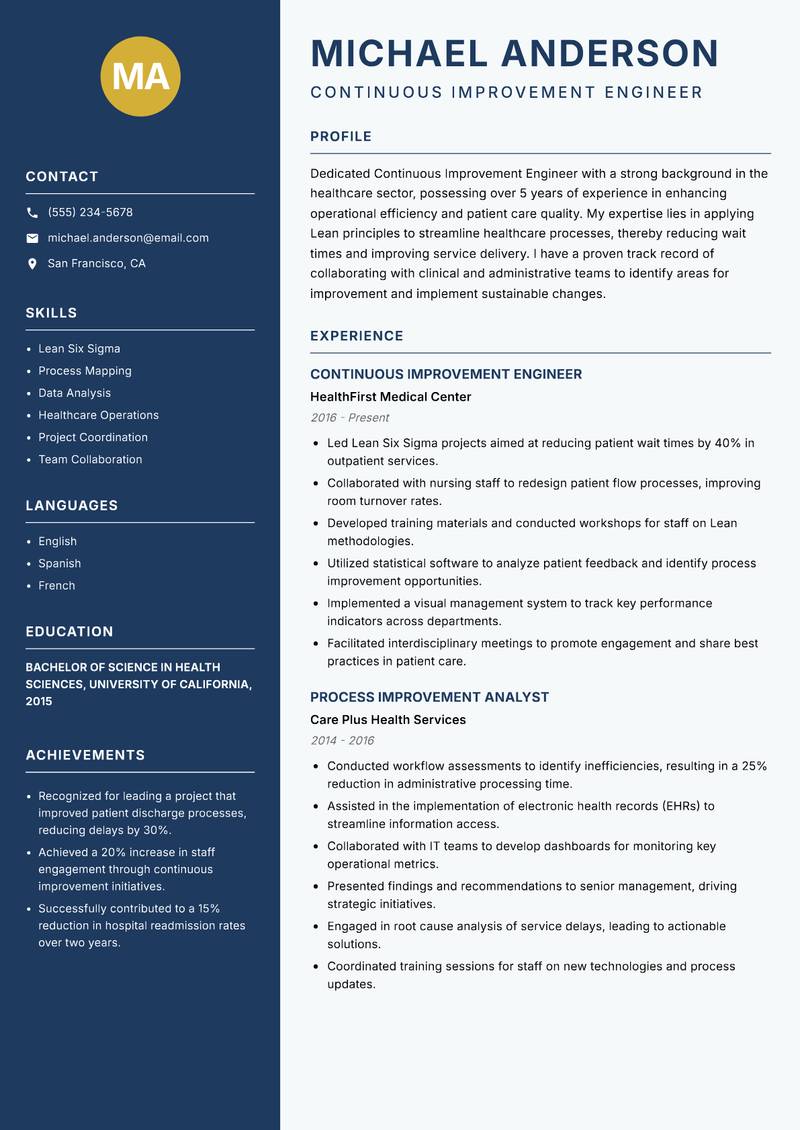 Continuous Improvement Engineer resume sample — Continuous Improvement Engineer focus