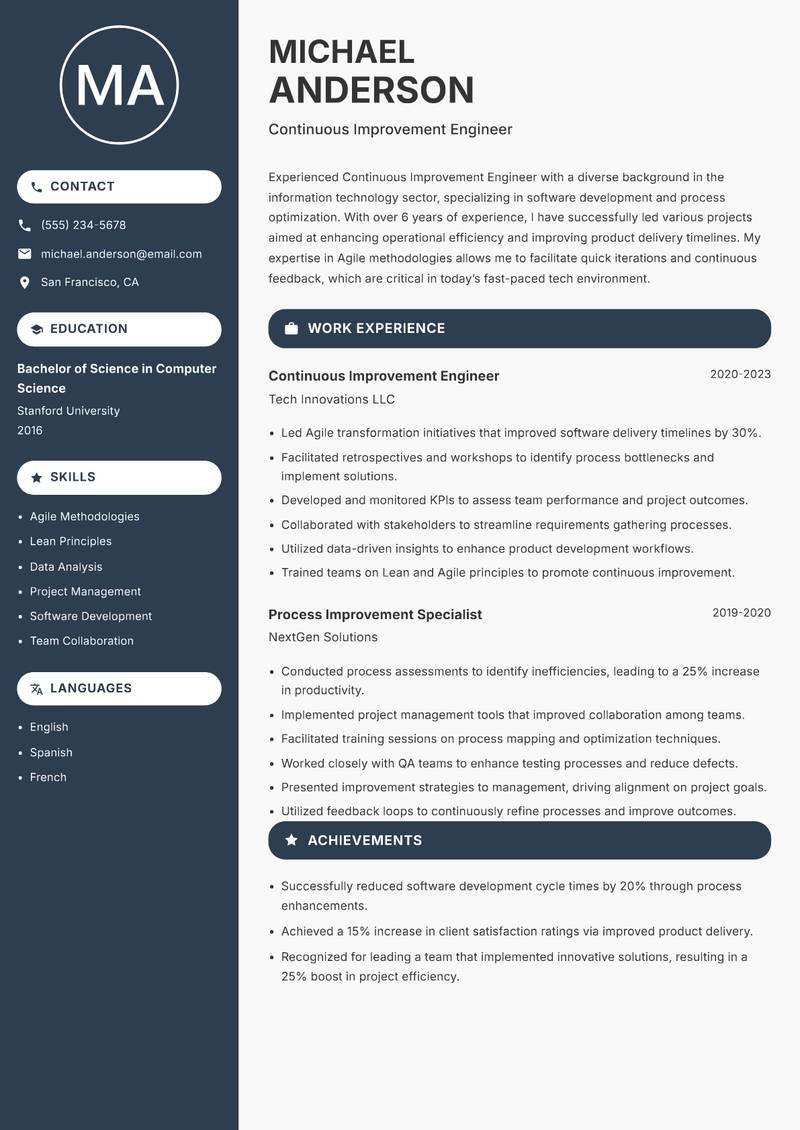 Continuous Improvement Engineer resume sample — Continuous Improvement Engineer focus
