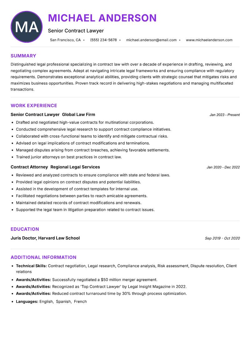 Contract Lawyer resume example