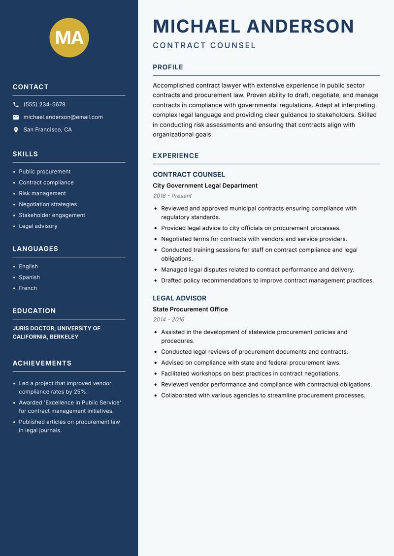 Contract Lawyer resume sample — Contract Counsel focus
