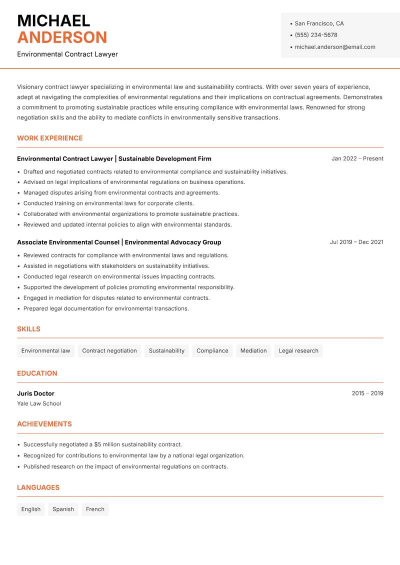 Contract Lawyer resume sample — Environmental Contract Lawyer focus