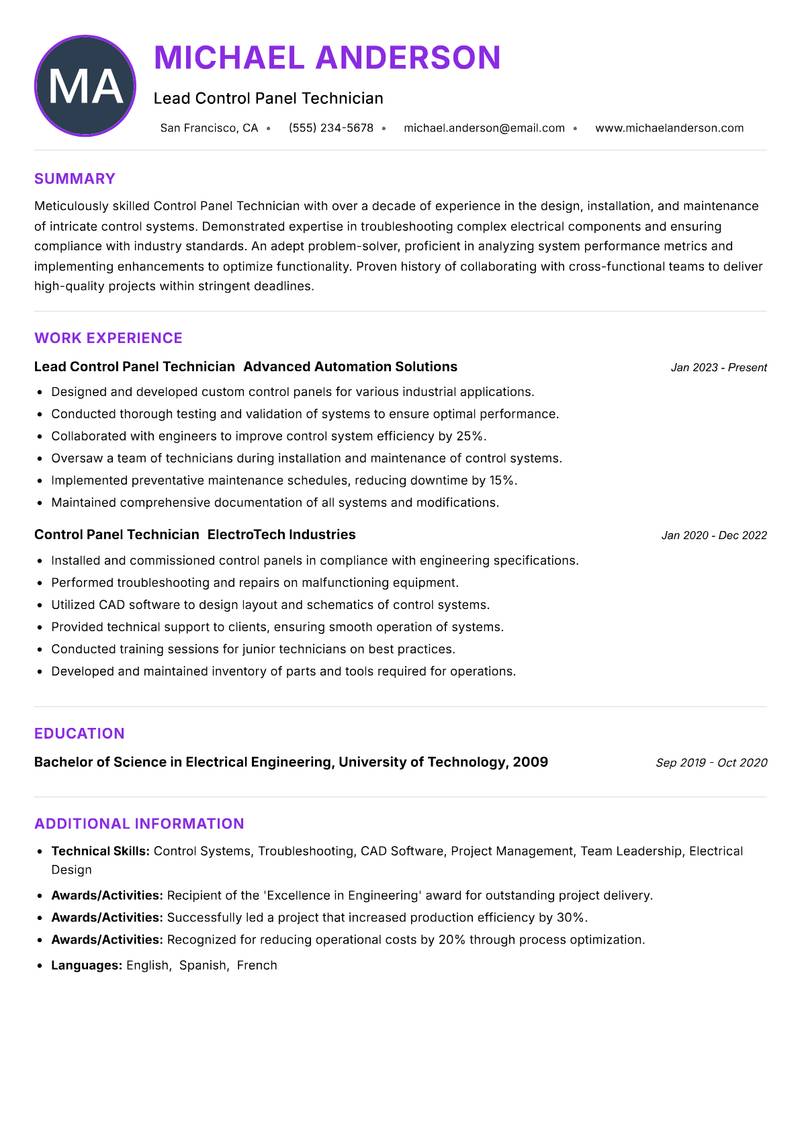 Control Panel Technician resume example