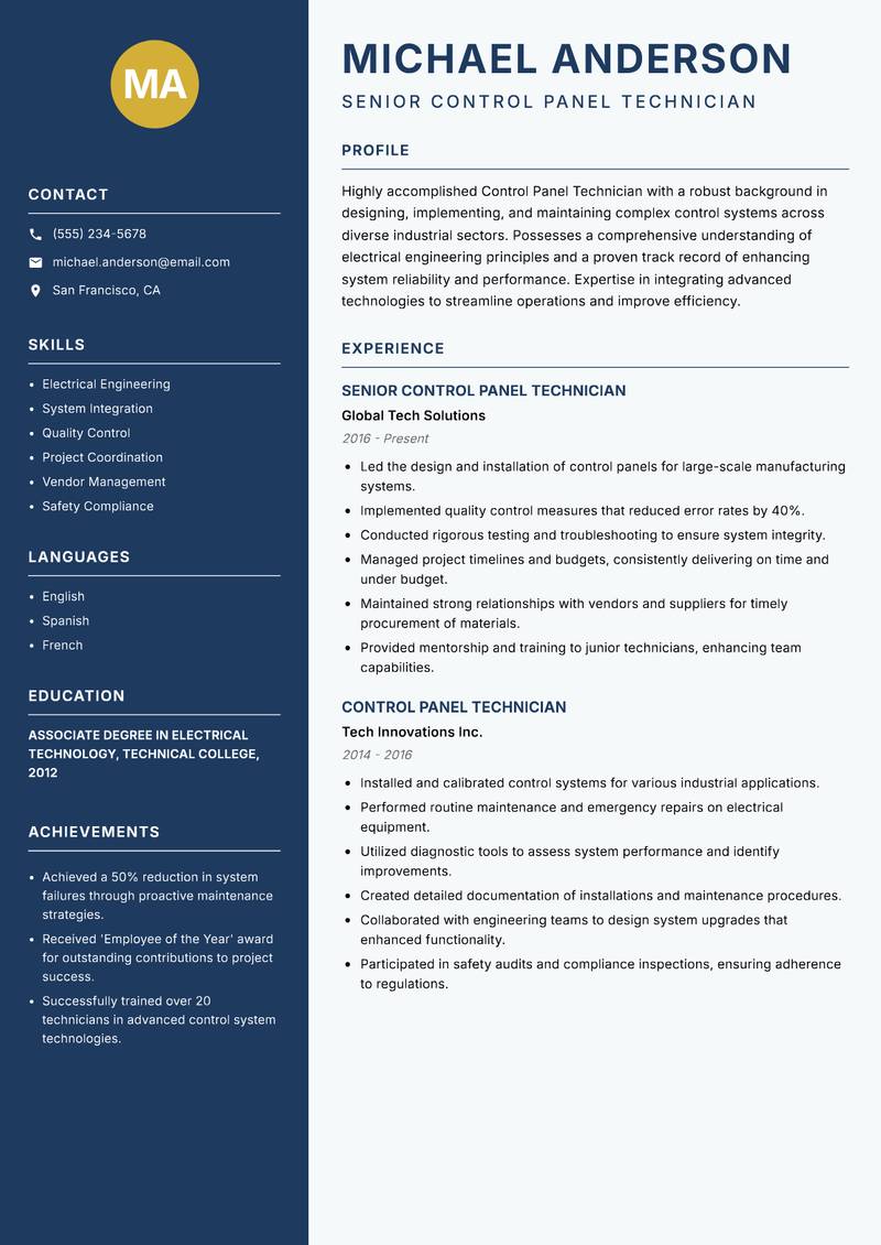 Control Panel Technician resume sample — Senior Control Panel Technician focus