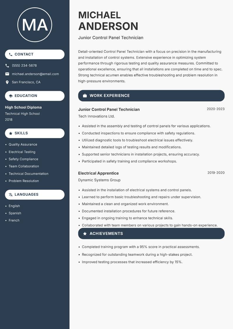 Control Panel Technician resume sample — Junior Control Panel Technician focus