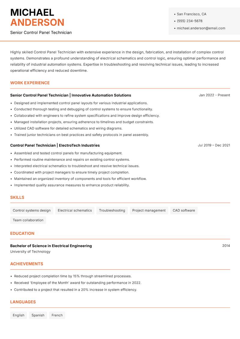 Control Panel Technician resume sample — Senior Control Panel Technician focus