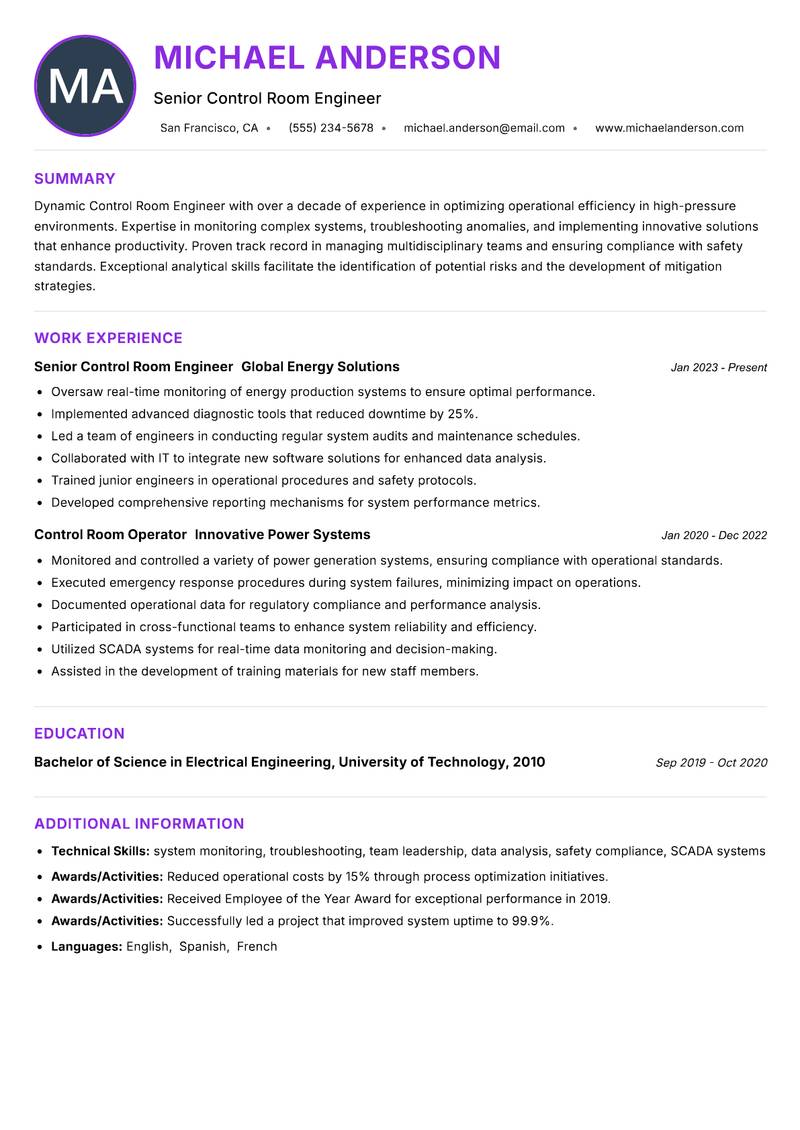 Control Room Engineer resume example