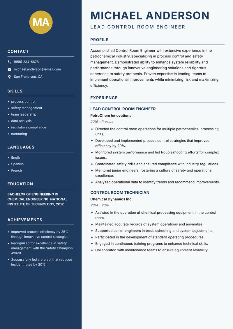 Control Room Engineer resume sample — Lead Control Room Engineer focus