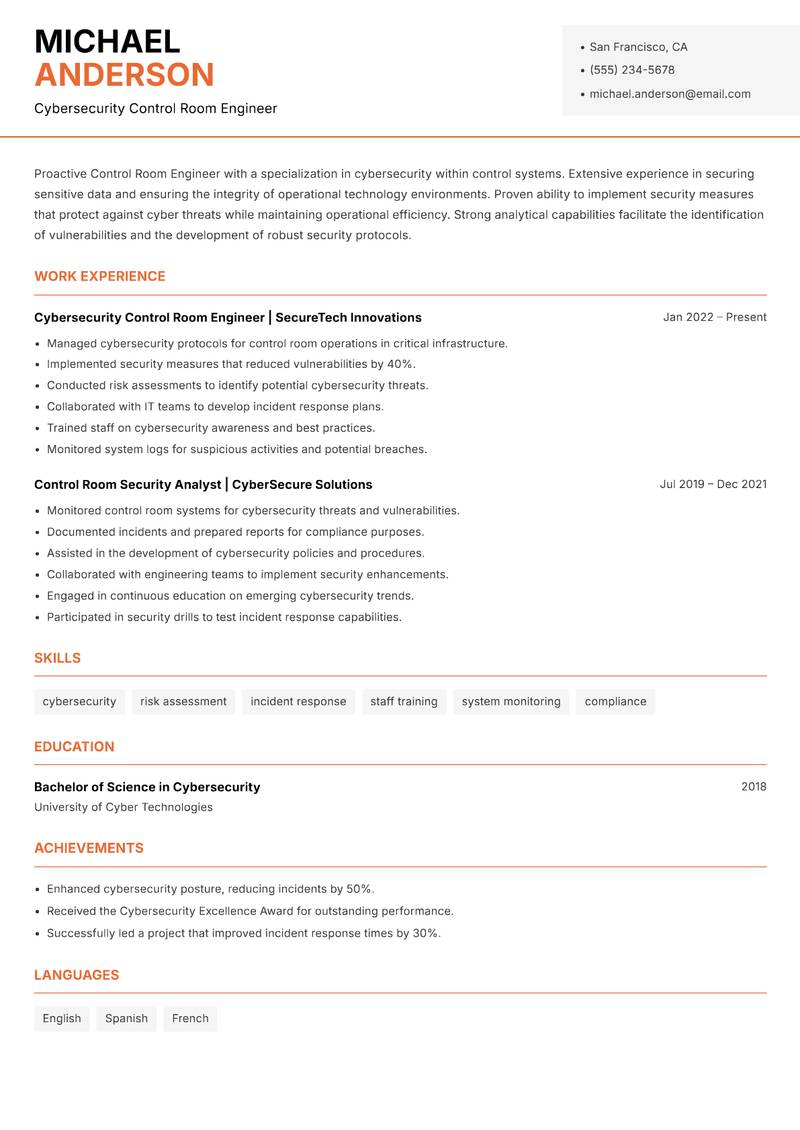 Control Room Engineer resume sample — Cybersecurity Control Room Engineer focus