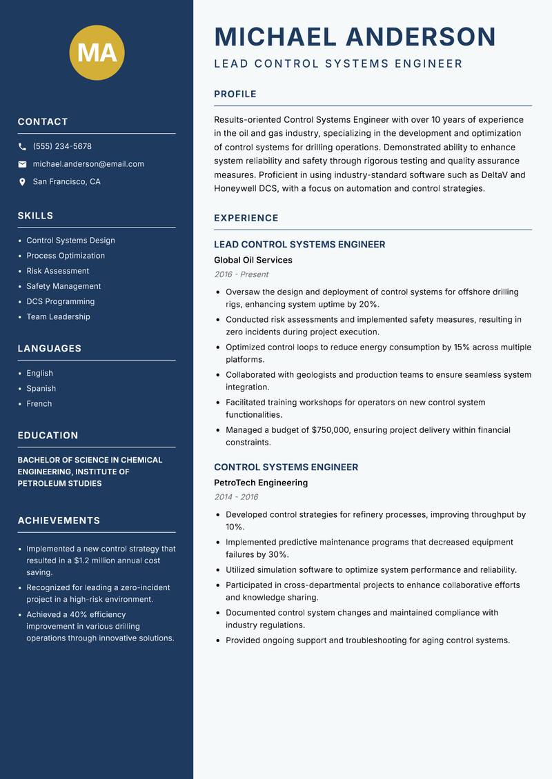 Control Systems Engineer resume sample — Lead Control Systems Engineer focus