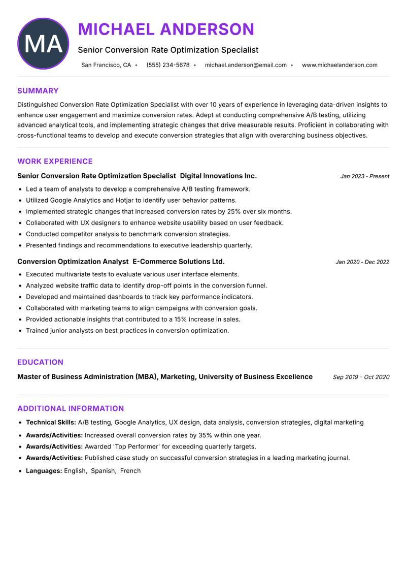 Conversion Rate Optimization Specialist resume example