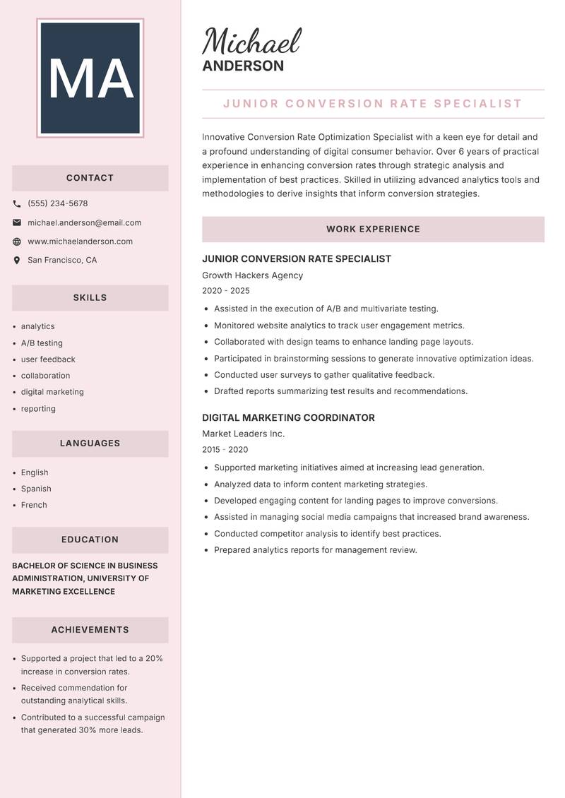 Conversion Rate Optimization Specialist resume sample — Junior Conversion Rate Specialist focus