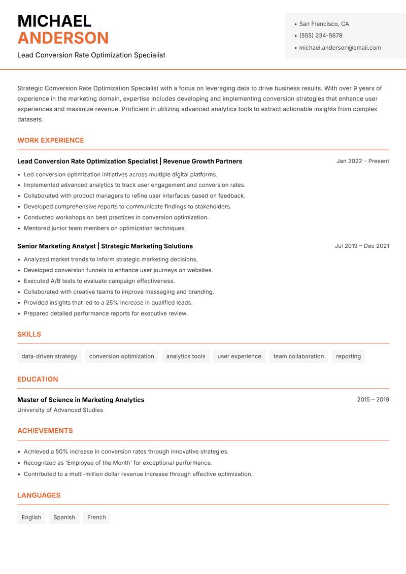 Conversion Rate Optimization Specialist resume sample — Lead Conversion Rate Optimization Specialist focus