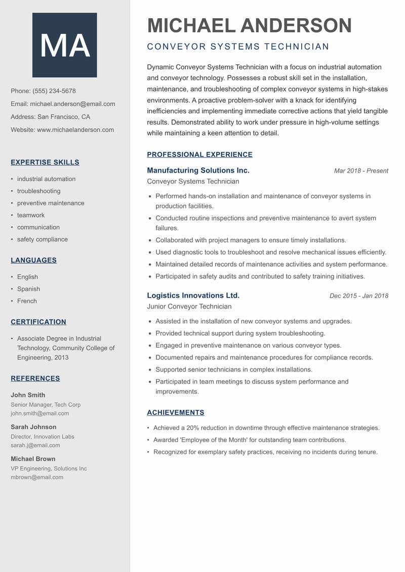 Conveyor Systems Technician resume sample — Conveyor Systems Technician focus