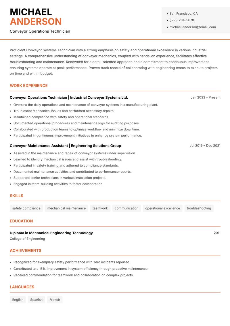 Conveyor Systems Technician resume sample — Conveyor Operations Technician focus