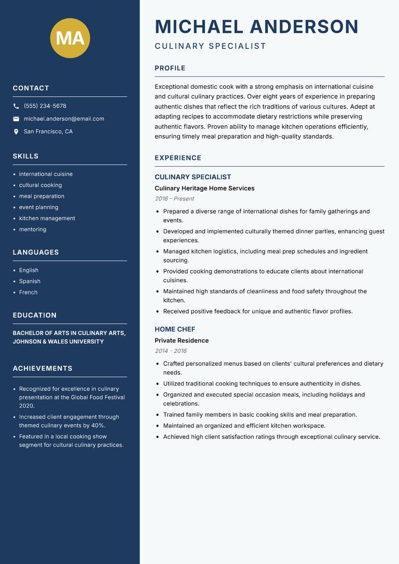 Cook Domestic resume sample — Culinary Specialist focus
