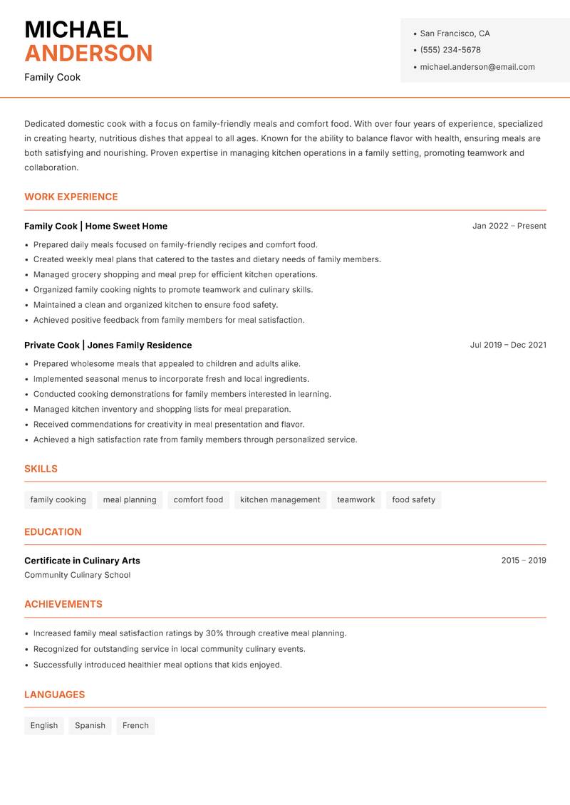 Cook Domestic resume sample — Family Cook focus