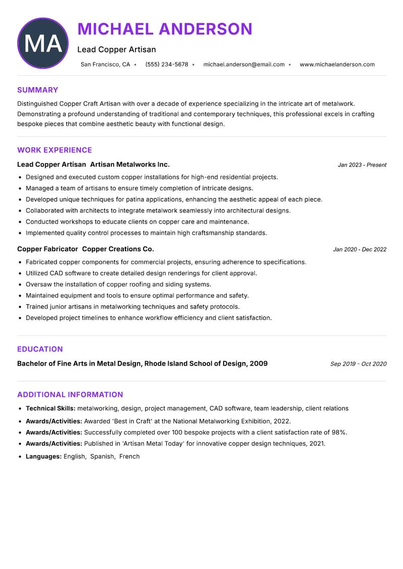 Copper Craft Artisan resume example