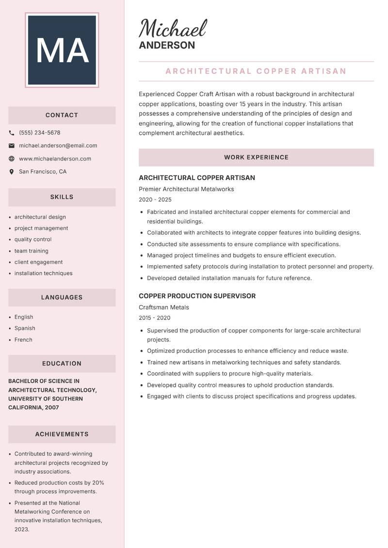Copper Craft Artisan resume sample — Architectural Copper Artisan focus