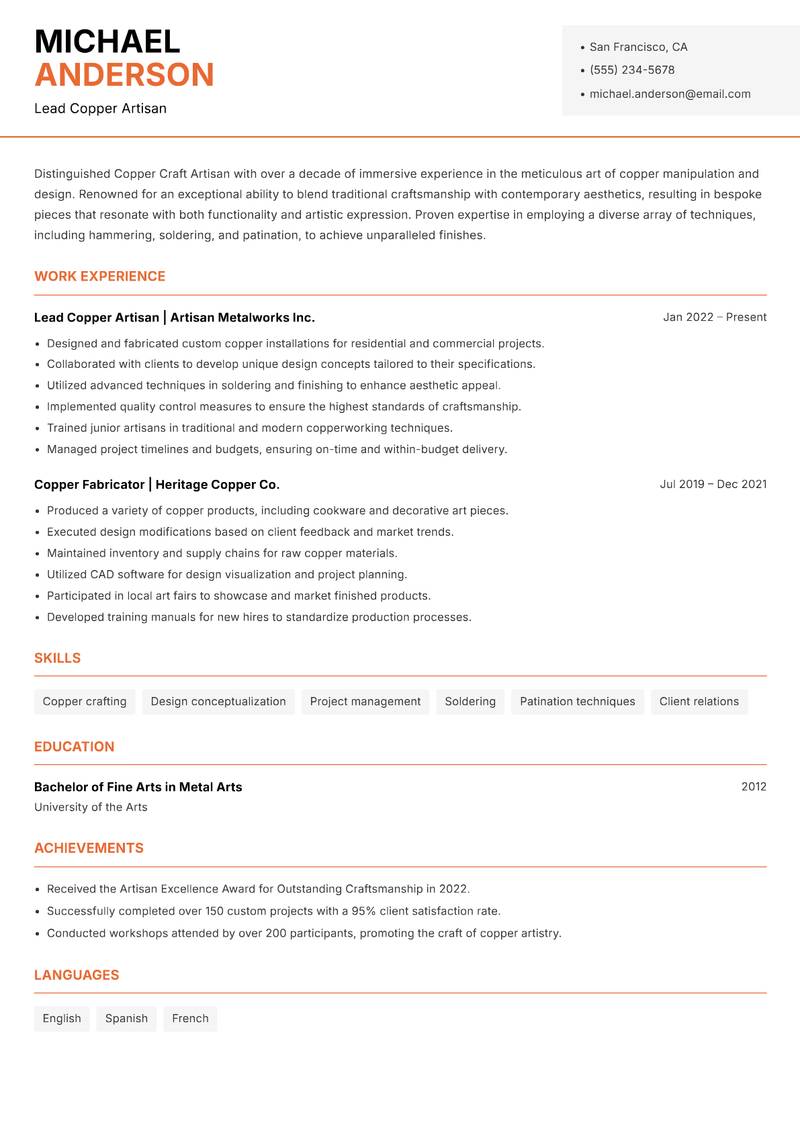 Copper Craft Artisan resume sample — Lead Copper Artisan focus
