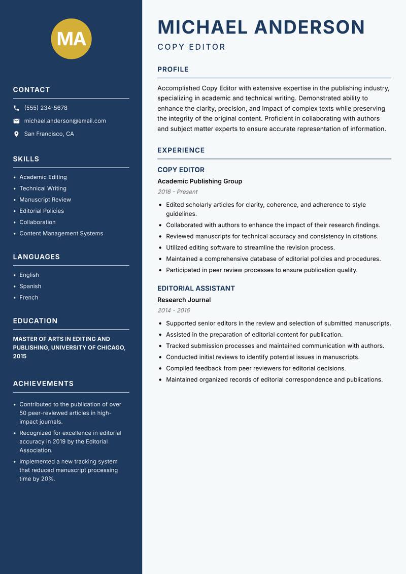 Copy Editor resume sample — Copy Editor focus
