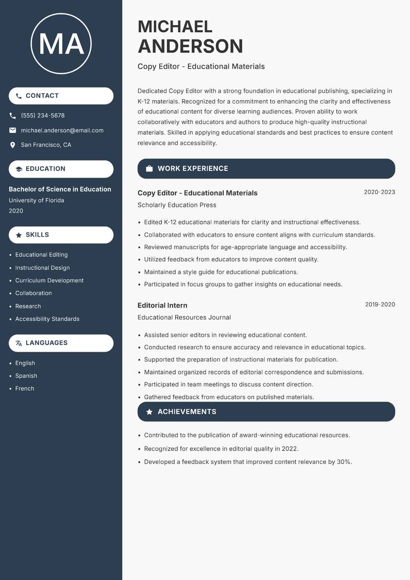 Copy Editor resume sample — Copy Editor - Educational Materials focus