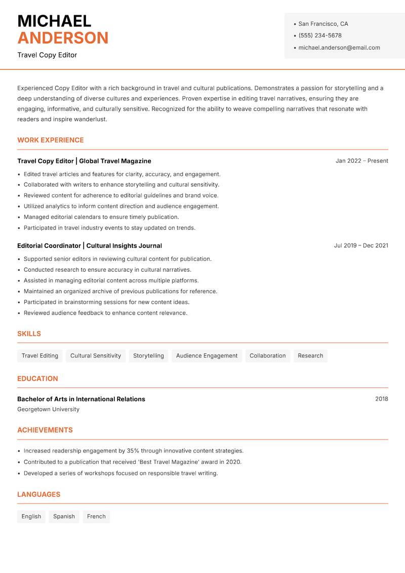 Copy Editor resume sample — Travel Copy Editor focus