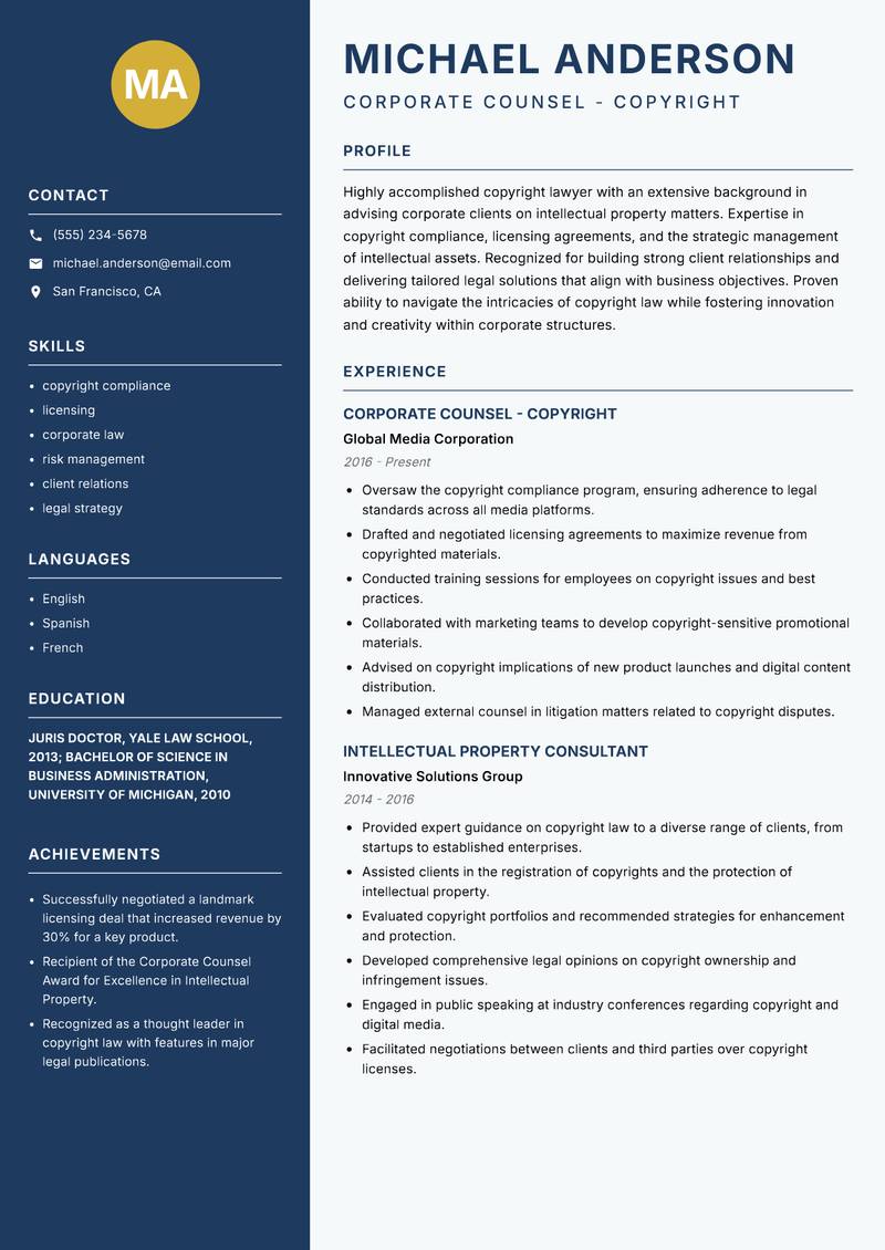 Copyright Lawyer resume sample — Corporate Counsel - Copyright focus