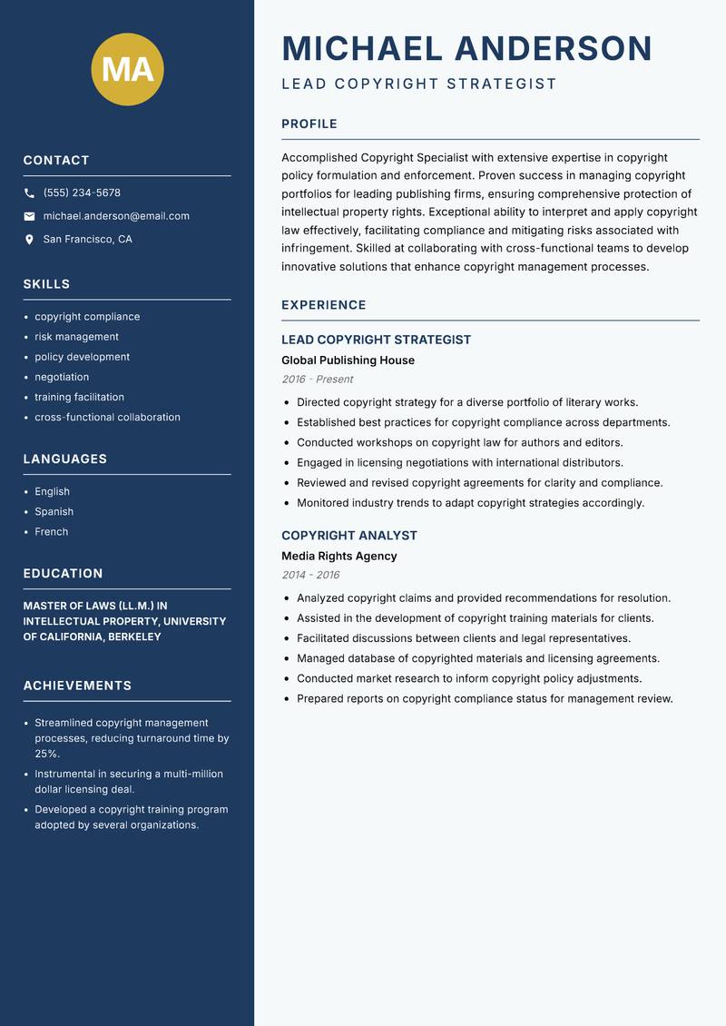 Copyright Specialist resume sample — Lead Copyright Strategist focus