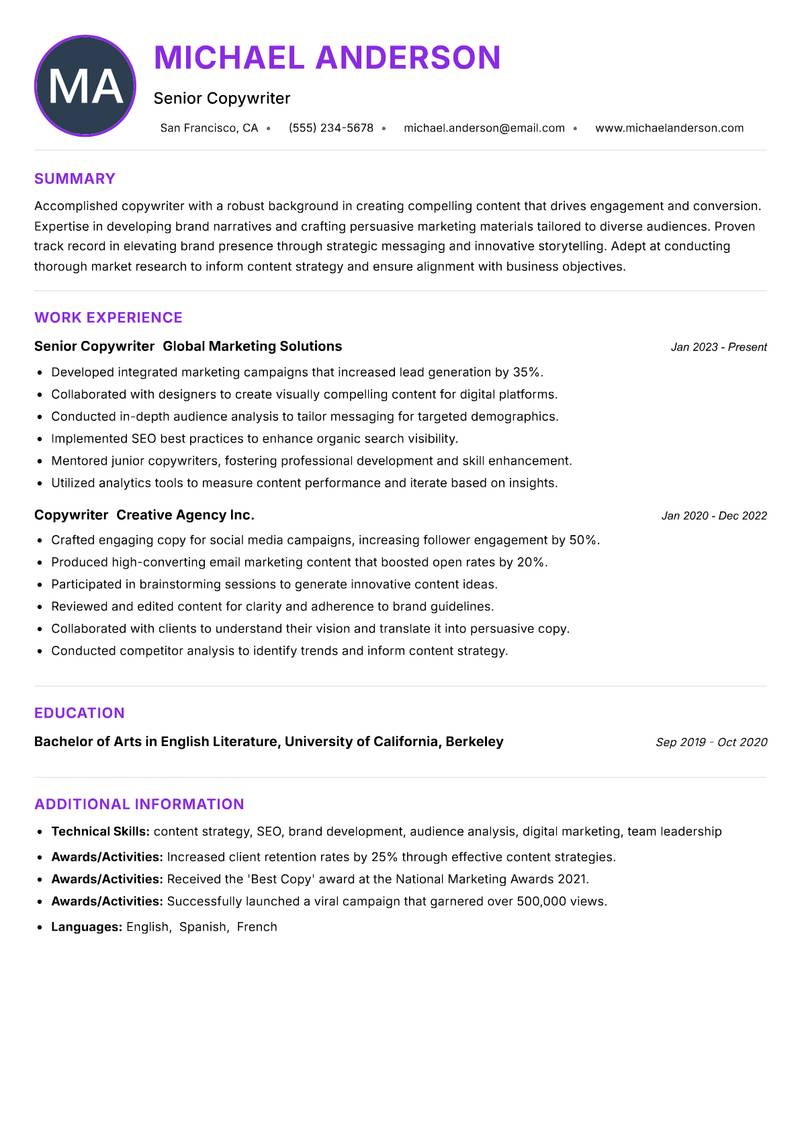 Copywriter resume example