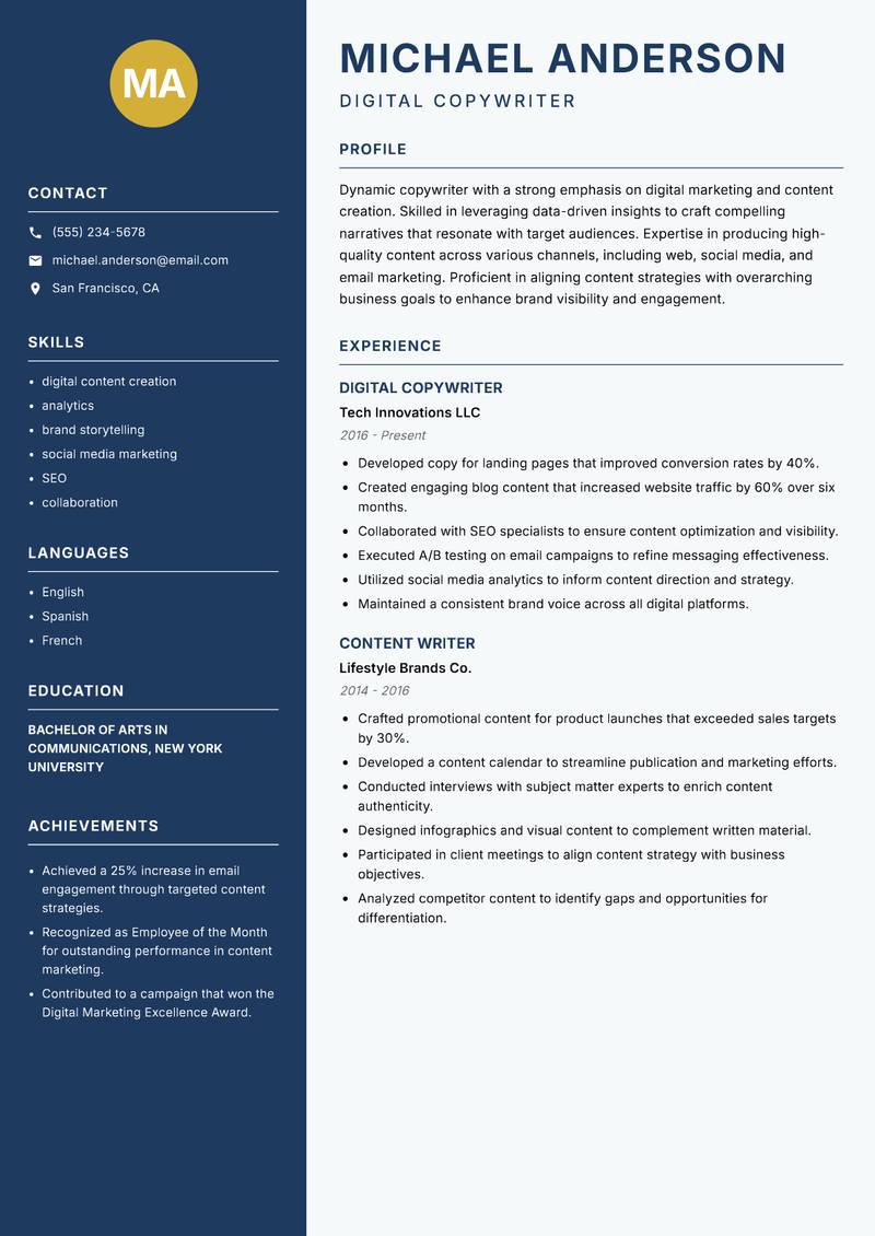 Copywriter resume sample — Digital Copywriter focus