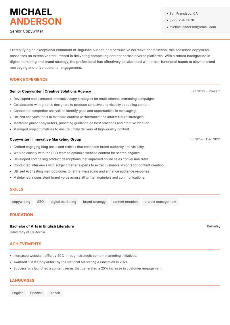 Copywriter resume sample — Senior Copywriter focus