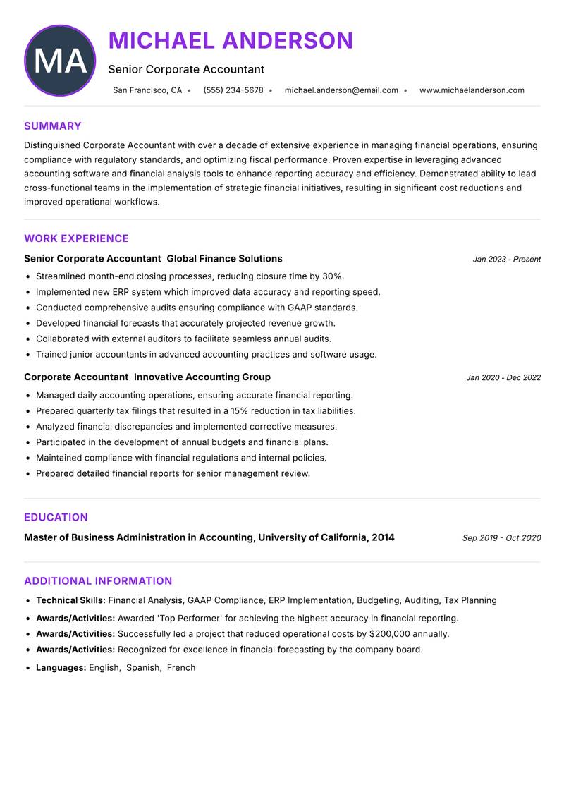 Corporate Accountant resume example