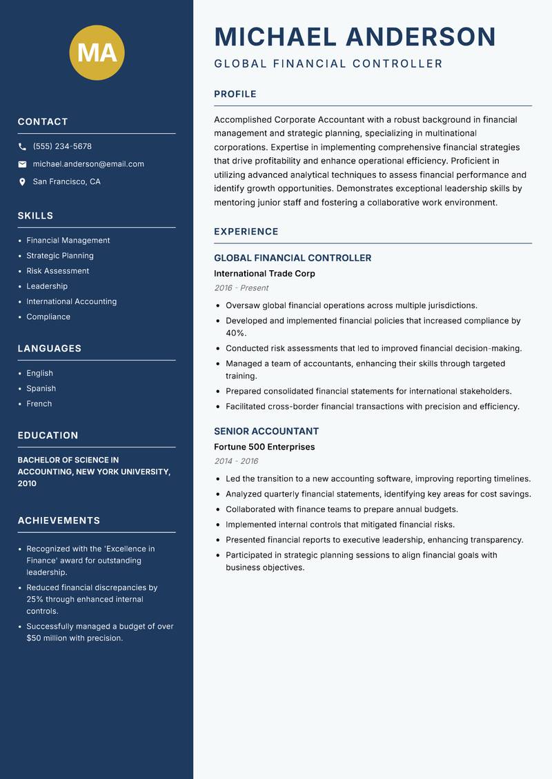 Corporate Accountant resume sample — Global Financial Controller focus