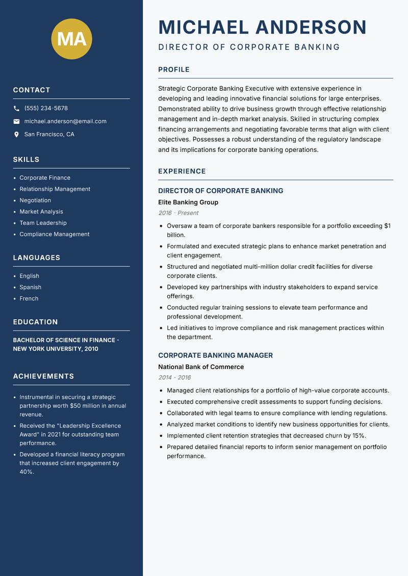 Corporate Banker resume sample — Director of Corporate Banking focus