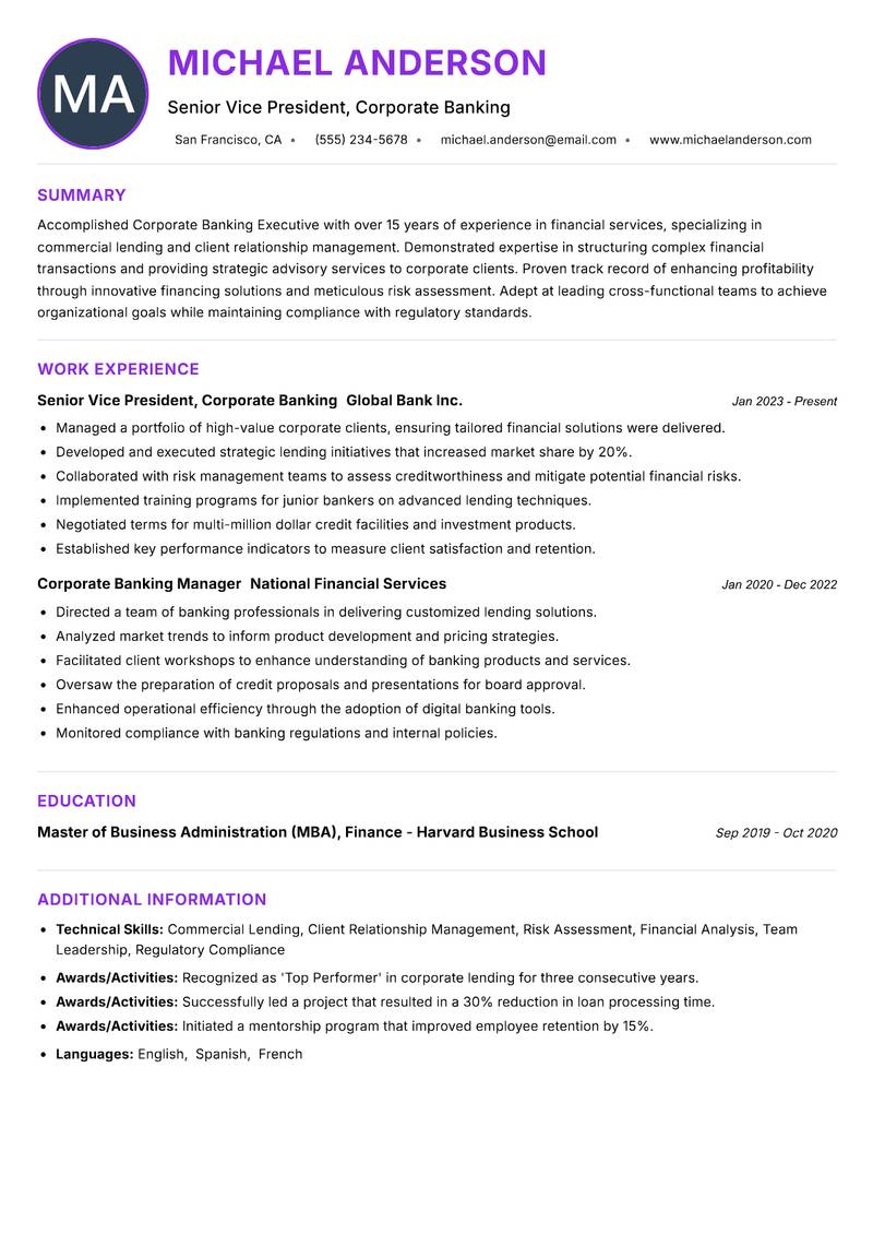Corporate Banking Executive resume example