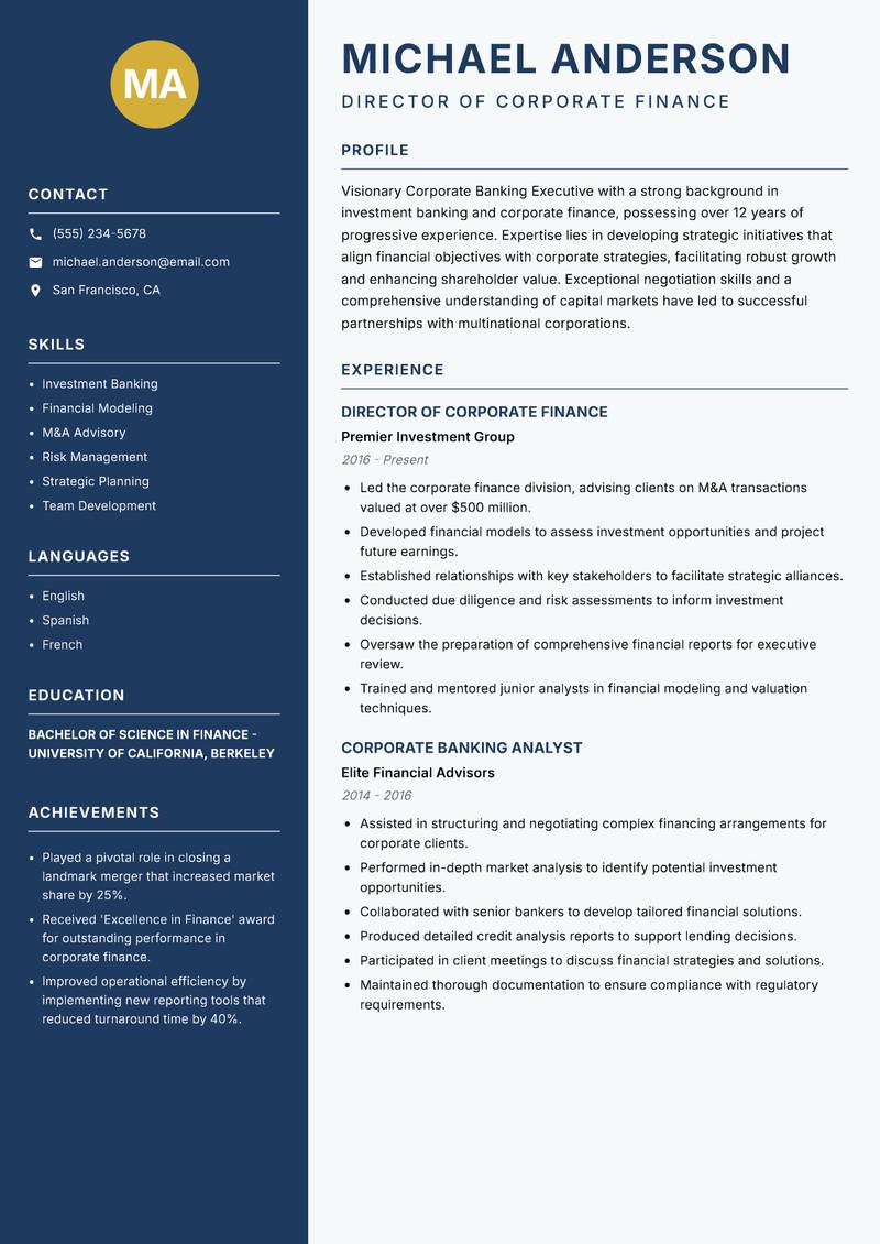 Corporate Banking Executive resume sample — Director of Corporate Finance focus