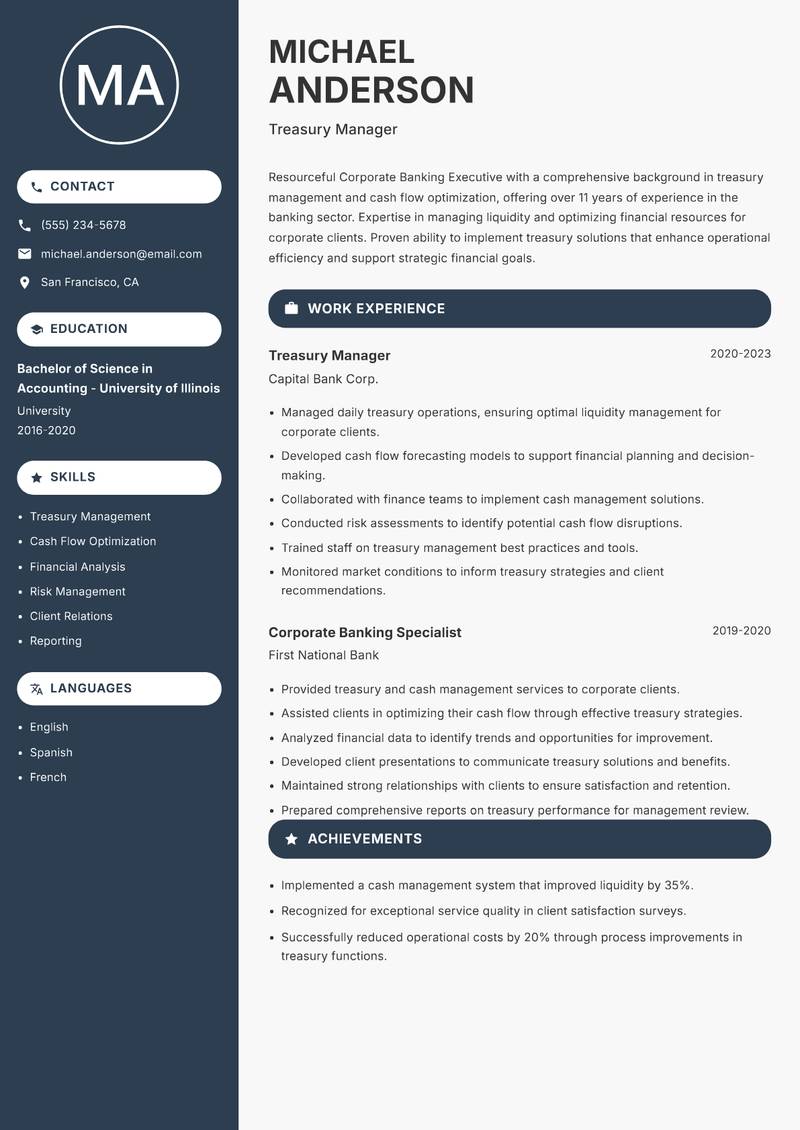 Corporate Banking Executive resume sample — Treasury Manager focus