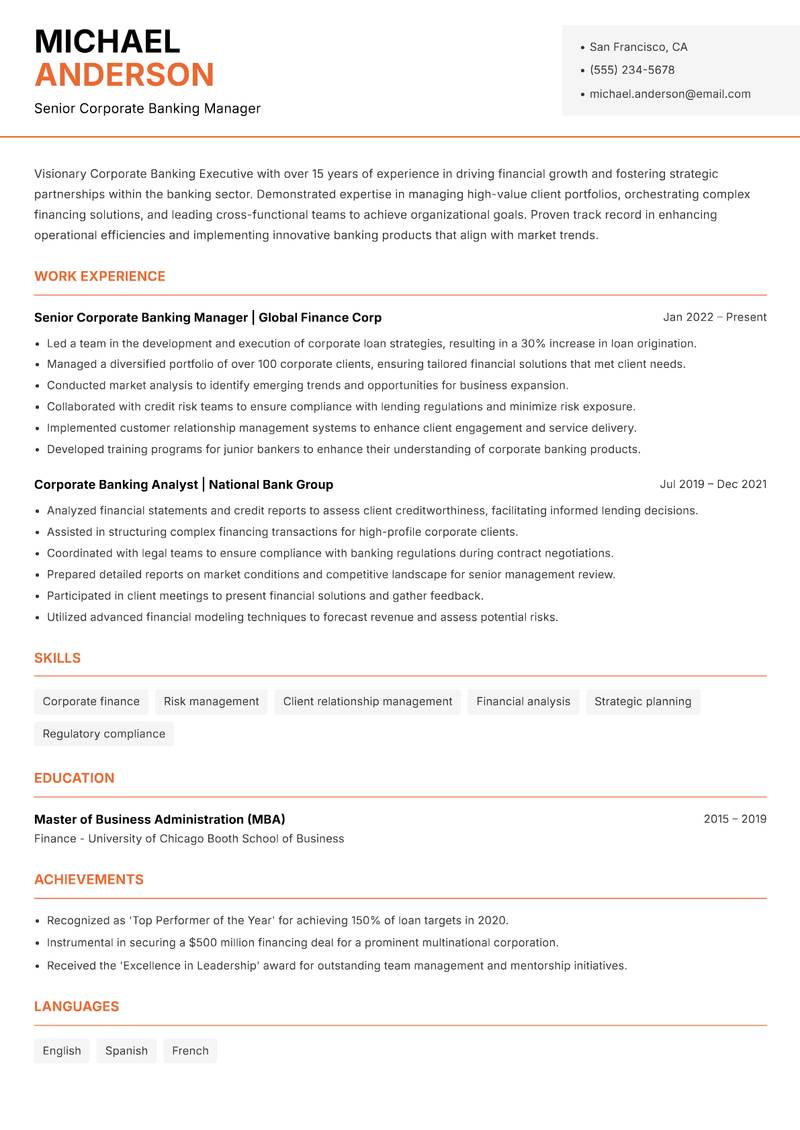 Corporate Banking Executive resume sample — Senior Corporate Banking Manager focus