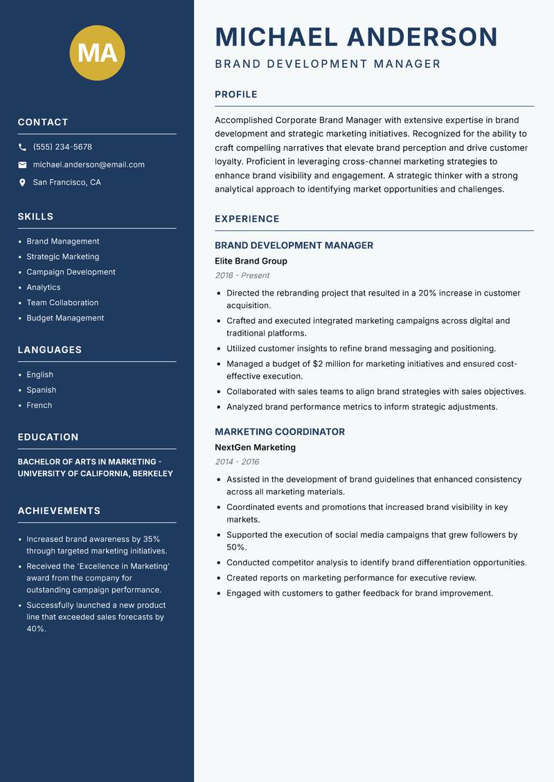 Corporate Brand Manager resume sample — Brand Development Manager focus