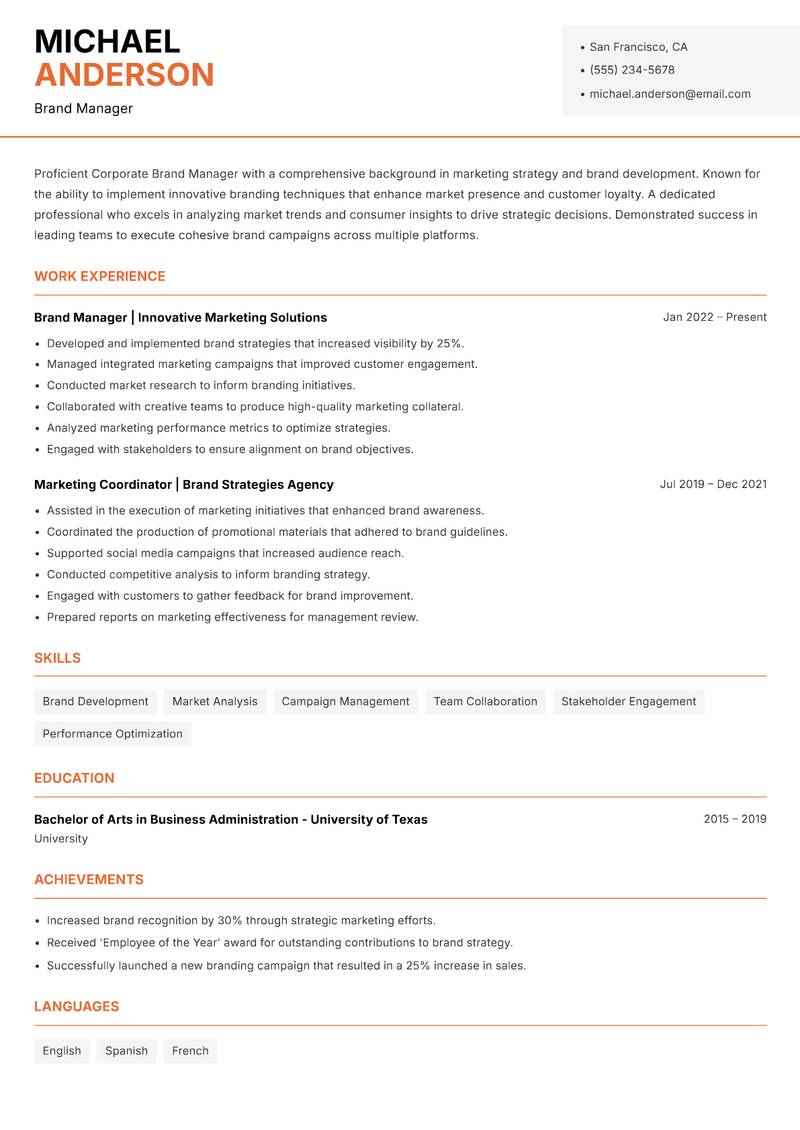 Corporate Brand Manager resume sample — Brand Manager focus