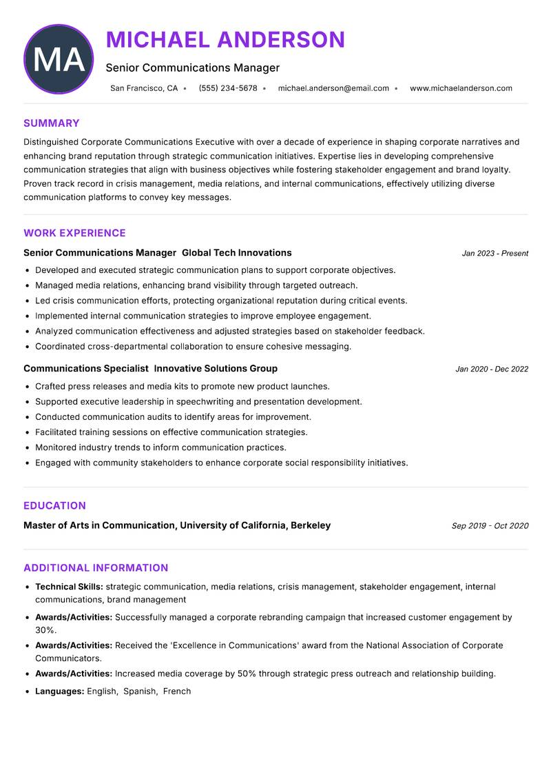 Corporate Communications Executive resume example