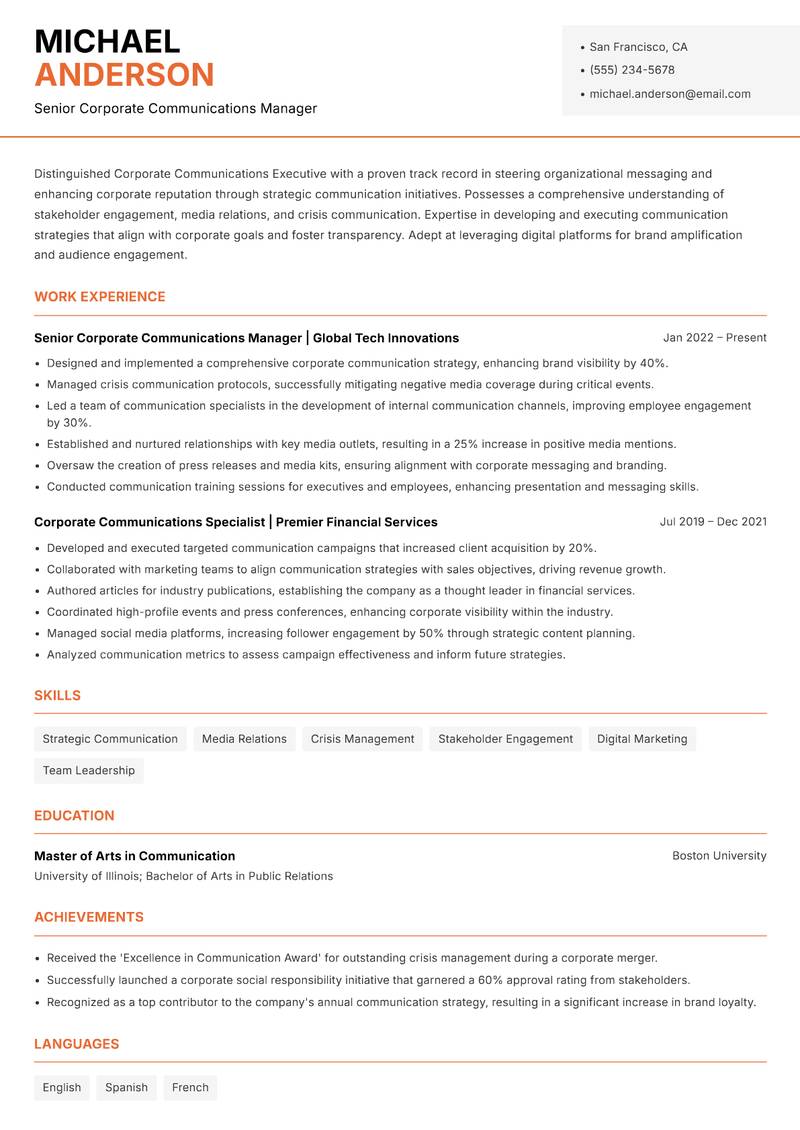 Corporate Communications Executive resume sample — Senior Corporate Communications Manager focus